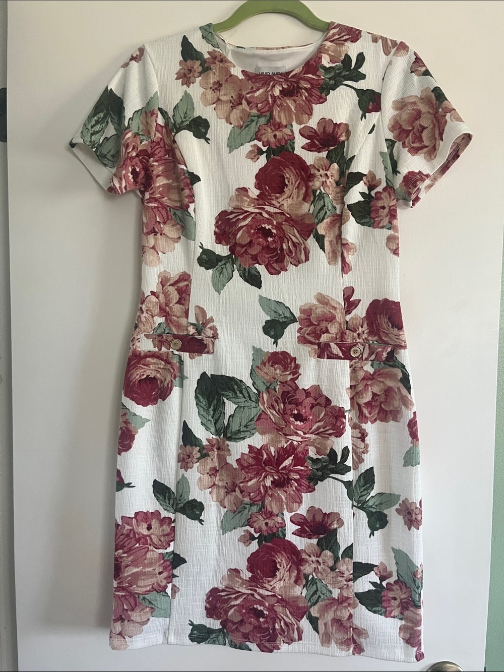 Floral Midi Shift Dress in White with Rose Print
